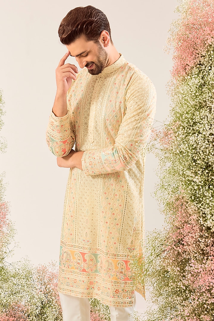 Cream Georgette Chikankari Embroidered Kurta by Kasbah Clothing at Pernia's Pop Up Shop