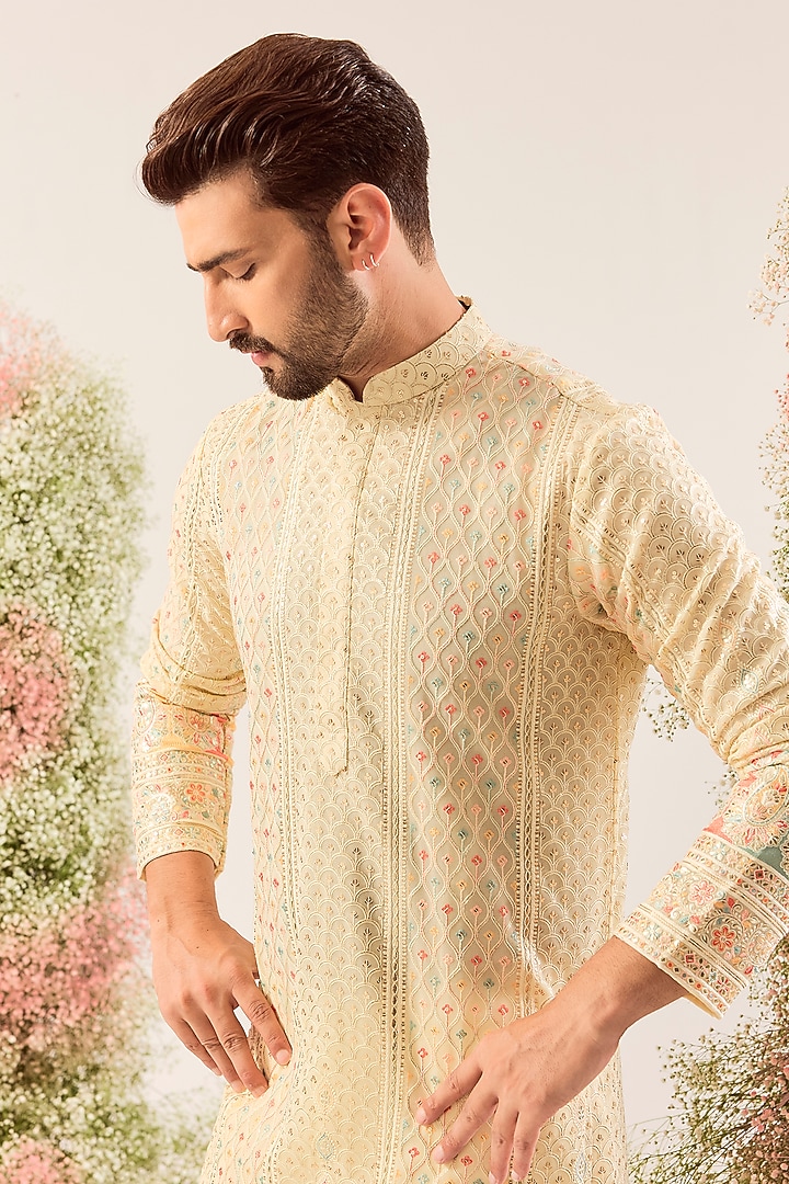 Cream Georgette Chikankari Embroidered Kurta by Kasbah Clothing at Pernia's Pop Up Shop