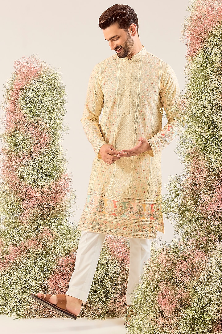 Cream Georgette Chikankari Embroidered Kurta by Kasbah Clothing at Pernia's Pop Up Shop