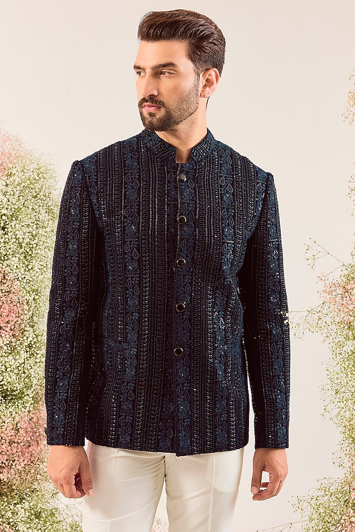 Navy Blue Velvet Floral Embroidered Wedding Bandhgala by Kasbah Clothing at Pernia's Pop Up Shop