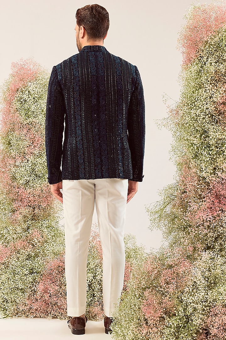Navy Blue Velvet Floral Embroidered Wedding Bandhgala by Kasbah Clothing at Pernia's Pop Up Shop