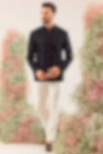 Navy Blue Velvet Floral Embroidered Wedding Bandhgala by Kasbah Clothing at Pernia's Pop Up Shop