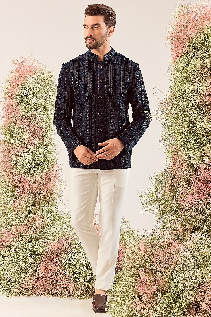 Navy Blue Velvet Floral Embroidered Wedding Bandhgala by Kasbah Clothing at Pernia's Pop Up Shop