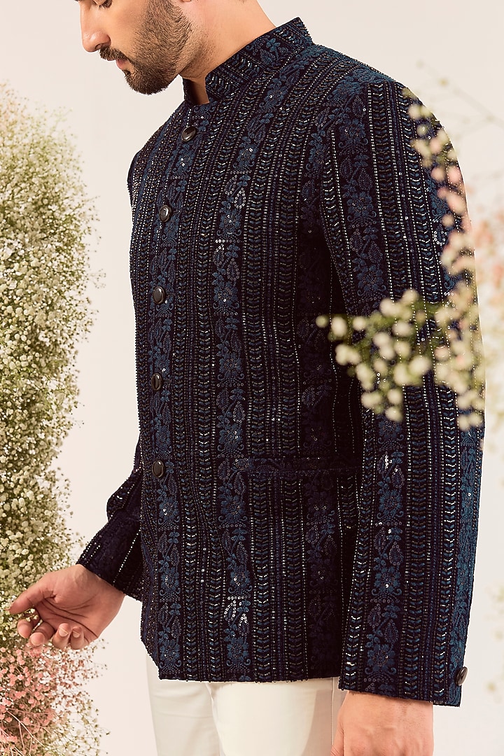 Navy Blue Velvet Floral Embroidered Wedding Bandhgala by Kasbah Clothing at Pernia's Pop Up Shop