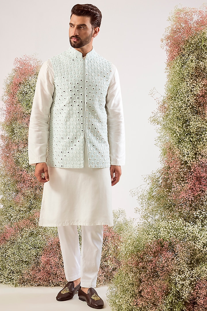 Sky Blue Georgette Sequin Work Nehru Jacket by Kasbah Clothing at Pernia's Pop Up Shop