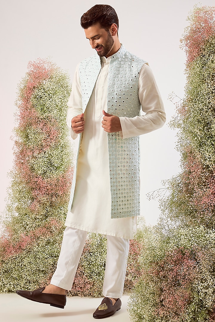 Sky Blue Georgette Sequin Work Long Jacket by Kasbah Clothing at Pernia's Pop Up Shop