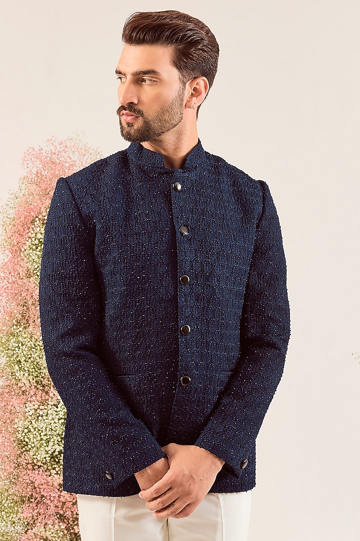 Blue Silk Cutdana Work Wedding Bandhgala by Kasbah Clothing at Pernia's Pop Up Shop