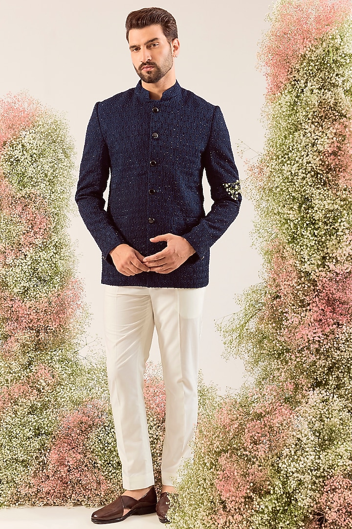 Blue Silk Cutdana Work Wedding Bandhgala by Kasbah Clothing at Pernia's Pop Up Shop