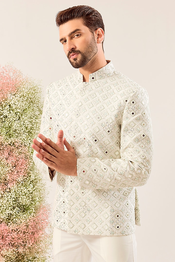 White Silk Mirror Work Wedding Bandhgala by Kasbah Clothing at Pernia's Pop Up Shop