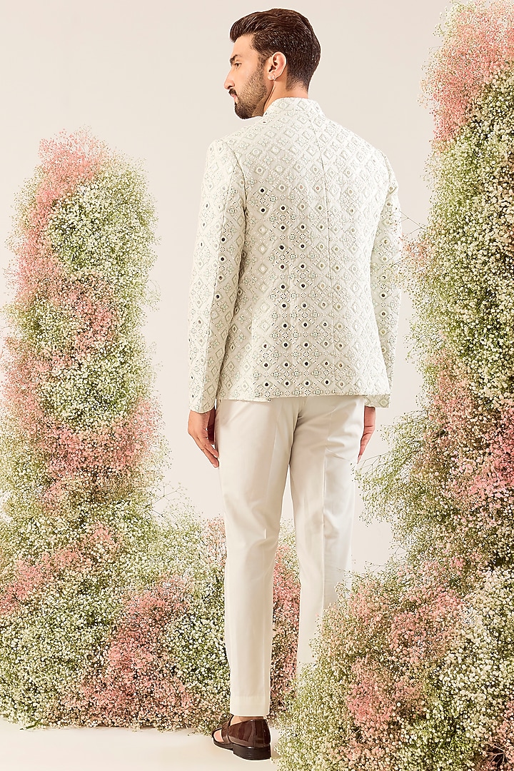 White Silk Mirror Work Wedding Bandhgala by Kasbah Clothing at Pernia's Pop Up Shop