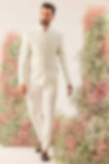 White Silk Mirror Work Wedding Bandhgala by Kasbah Clothing at Pernia's Pop Up Shop