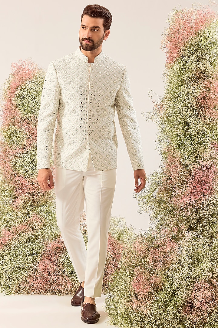 White Silk Mirror Work Wedding Bandhgala by Kasbah Clothing at Pernia's Pop Up Shop