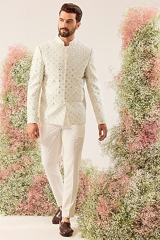 White Silk Mirror Work Bandhgala by Kasbah Clothing