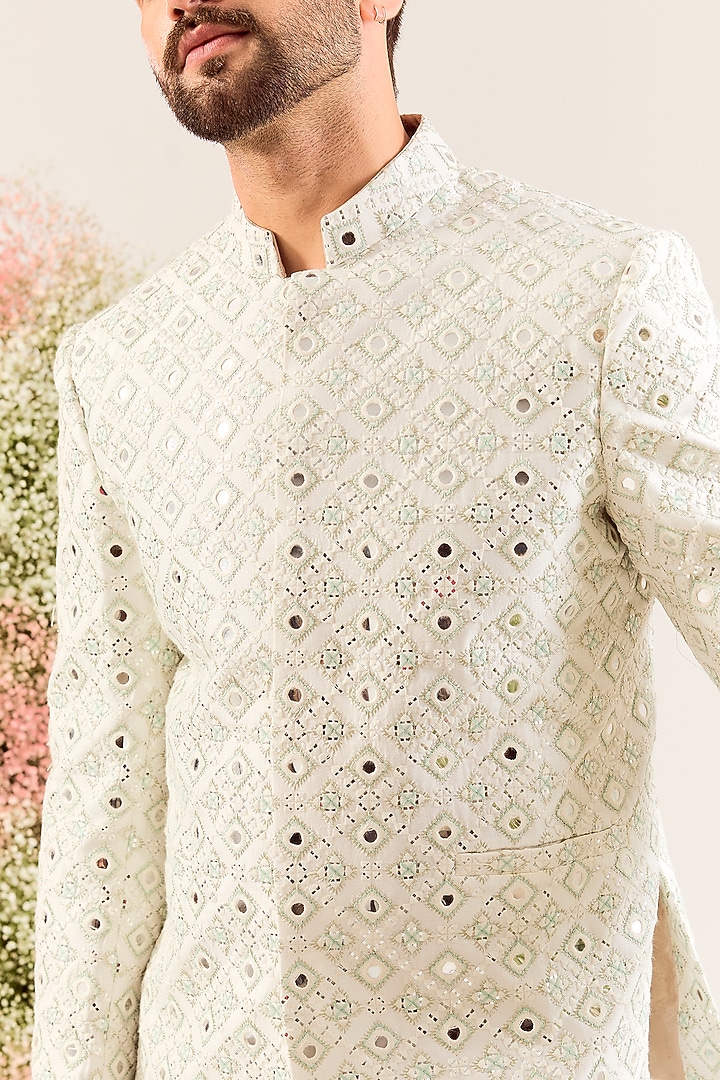 White Silk Mirror Work Wedding Bandhgala by Kasbah Clothing at Pernia's Pop Up Shop