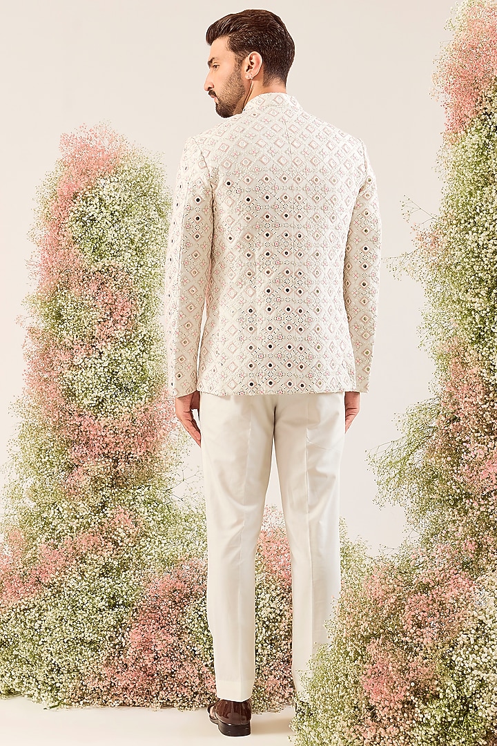 White Silk Mirror Work Wedding Bandhgala by Kasbah Clothing at Pernia's Pop Up Shop