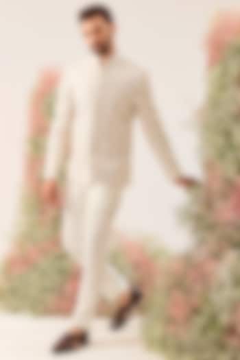 White Silk Mirror Work Wedding Bandhgala by Kasbah Clothing at Pernia's Pop Up Shop