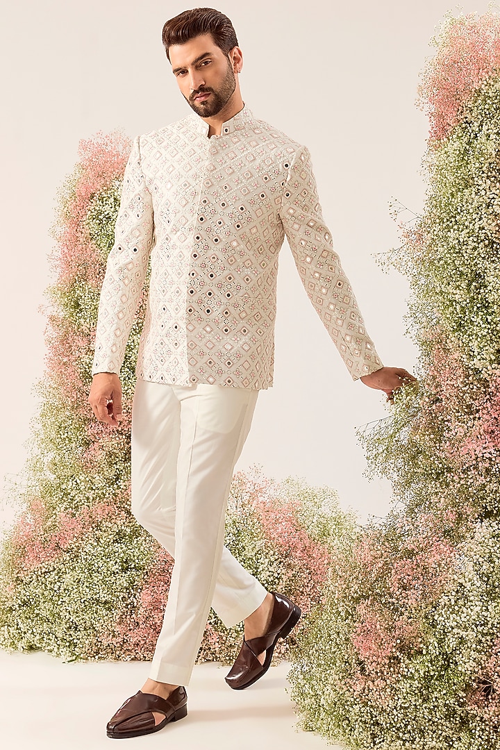 White Silk Mirror Work Wedding Bandhgala by Kasbah Clothing at Pernia's Pop Up Shop