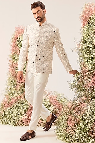 White Silk Mirror Work Bandhgala by Kasbah Clothing