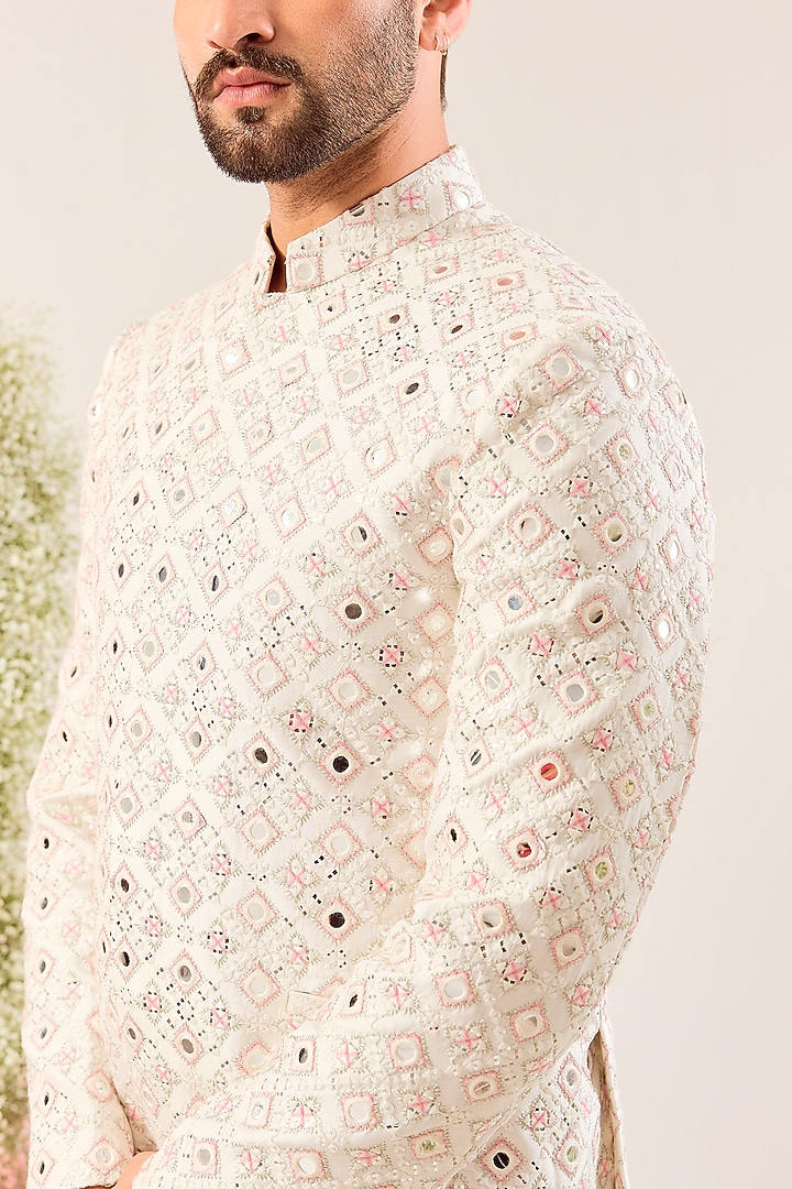 White Silk Mirror Work Wedding Bandhgala by Kasbah Clothing at Pernia's Pop Up Shop