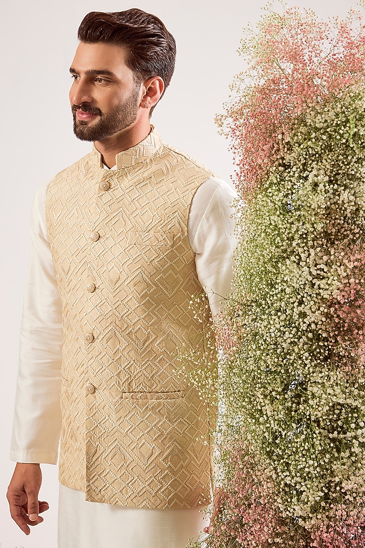 Beige Silk Thread Embroidered Nehru Jacket by Kasbah Clothing at Pernia's Pop Up Shop
