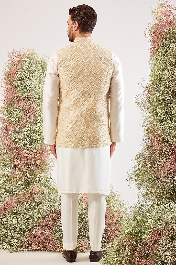 Beige Silk Thread Embroidered Nehru Jacket by Kasbah Clothing at Pernia's Pop Up Shop