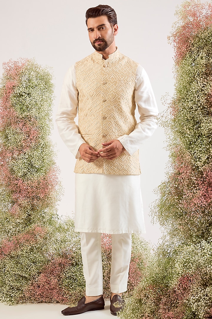 Beige Silk Thread Embroidered Nehru Jacket by Kasbah Clothing at Pernia's Pop Up Shop
