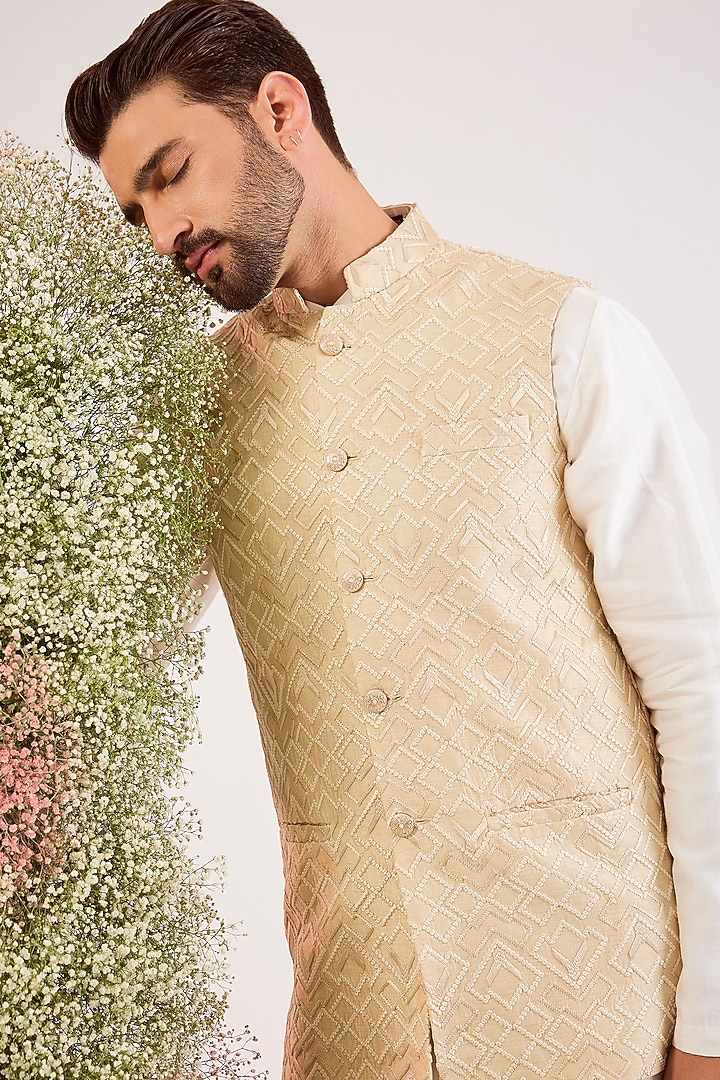 Beige Silk Thread Embroidered Nehru Jacket by Kasbah Clothing at Pernia's Pop Up Shop