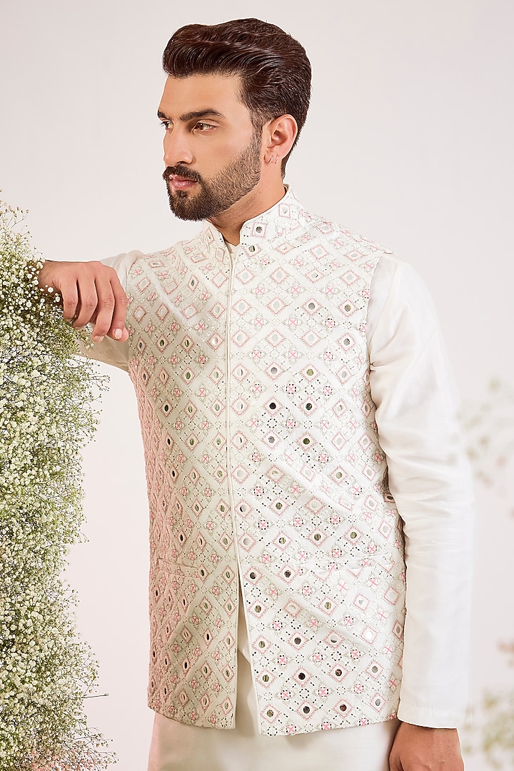 White Silk Thread & Mirror Work Nehru Jacket by Kasbah Clothing at Pernia's Pop Up Shop