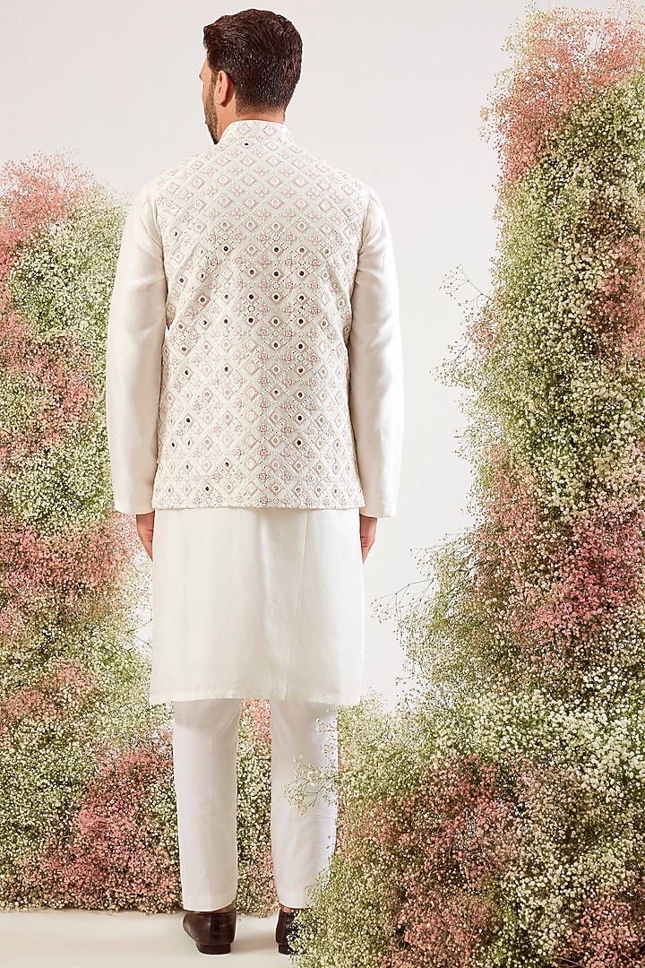 White Silk Thread & Mirror Work Nehru Jacket by Kasbah Clothing at Pernia's Pop Up Shop