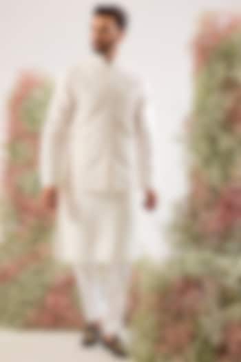 White Silk Thread & Mirror Work Nehru Jacket by Kasbah Clothing at Pernia's Pop Up Shop