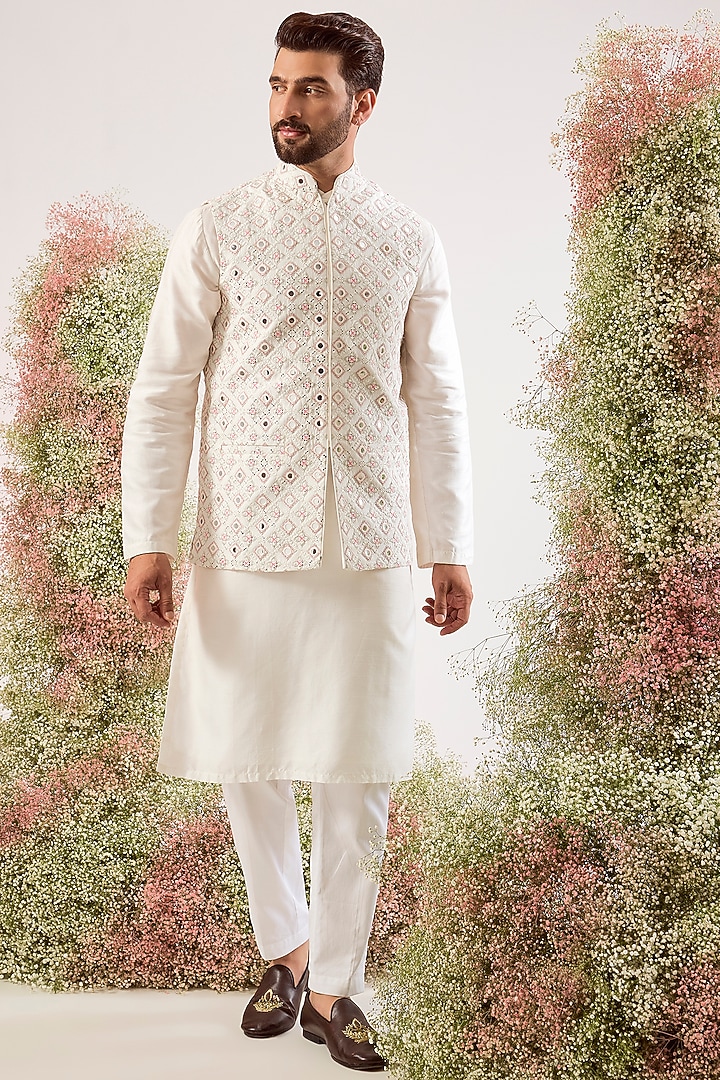 White Silk Thread & Mirror Work Nehru Jacket by Kasbah Clothing at Pernia's Pop Up Shop