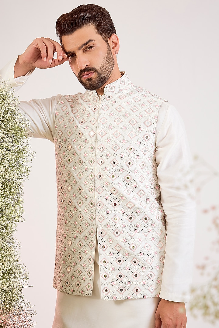White Silk Thread & Mirror Work Nehru Jacket by Kasbah Clothing at Pernia's Pop Up Shop