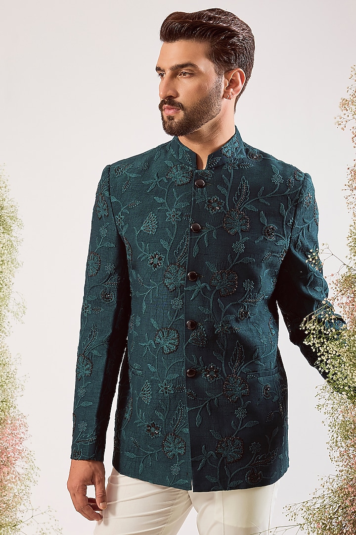 Teal Silk Floral Embroidered Wedding Bandhgala by Kasbah Clothing at Pernia's Pop Up Shop