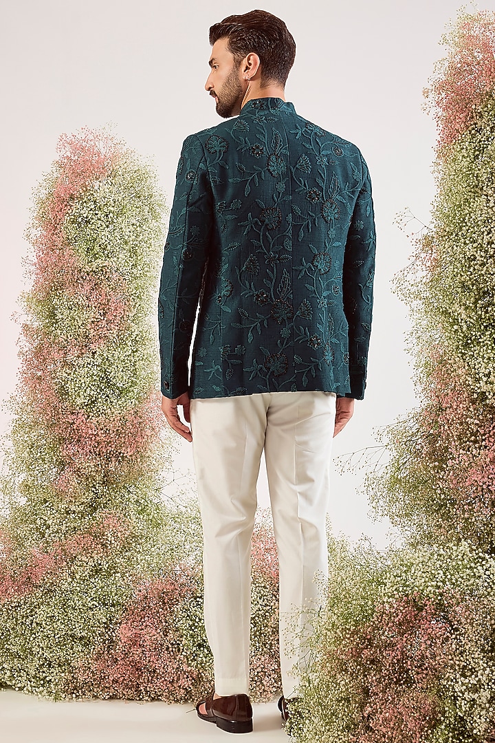 Teal Silk Floral Embroidered Wedding Bandhgala by Kasbah Clothing at Pernia's Pop Up Shop