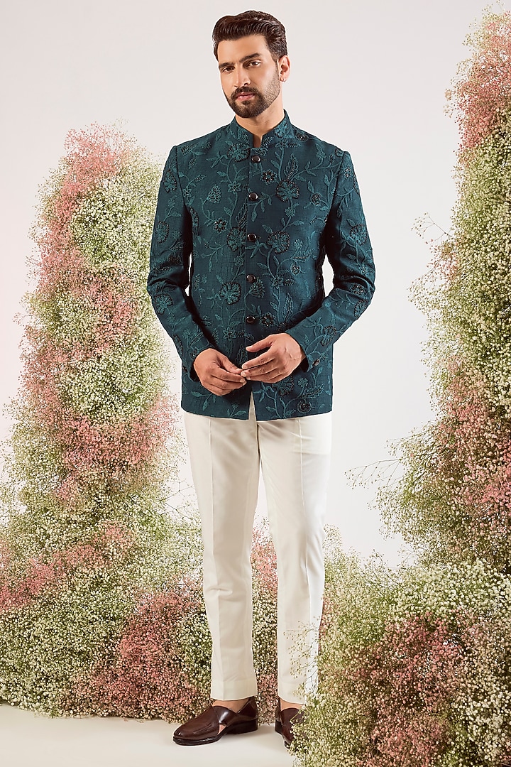 Teal Silk Floral Embroidered Wedding Bandhgala by Kasbah Clothing at Pernia's Pop Up Shop