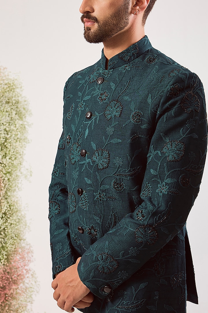 Teal Silk Floral Embroidered Wedding Bandhgala by Kasbah Clothing at Pernia's Pop Up Shop