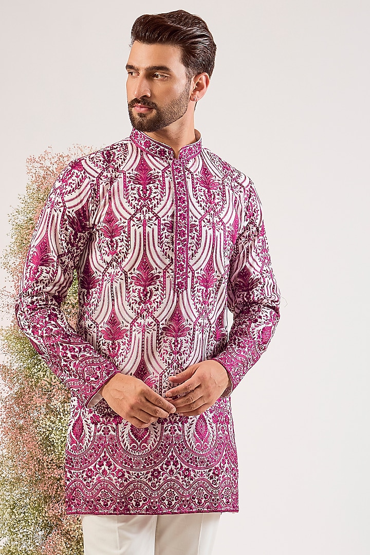 Magenta Organza Chikankari Embroidered Kurta by Kasbah Clothing at Pernia's Pop Up Shop
