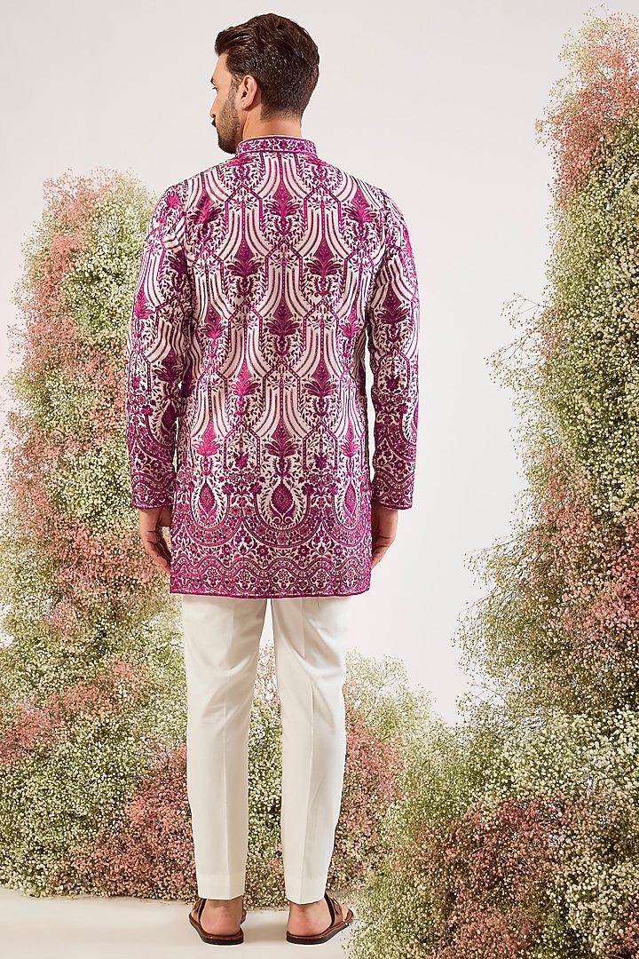 Magenta Organza Chikankari Embroidered Kurta by Kasbah Clothing at Pernia's Pop Up Shop