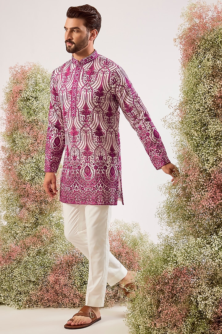 Magenta Organza Chikankari Embroidered Kurta by Kasbah Clothing at Pernia's Pop Up Shop