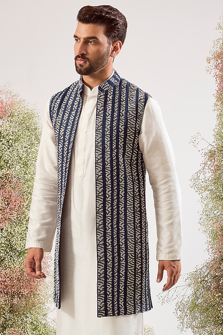 Navy Blue Silk Cutdana Work Long Jacket by Kasbah Clothing at Pernia's Pop Up Shop