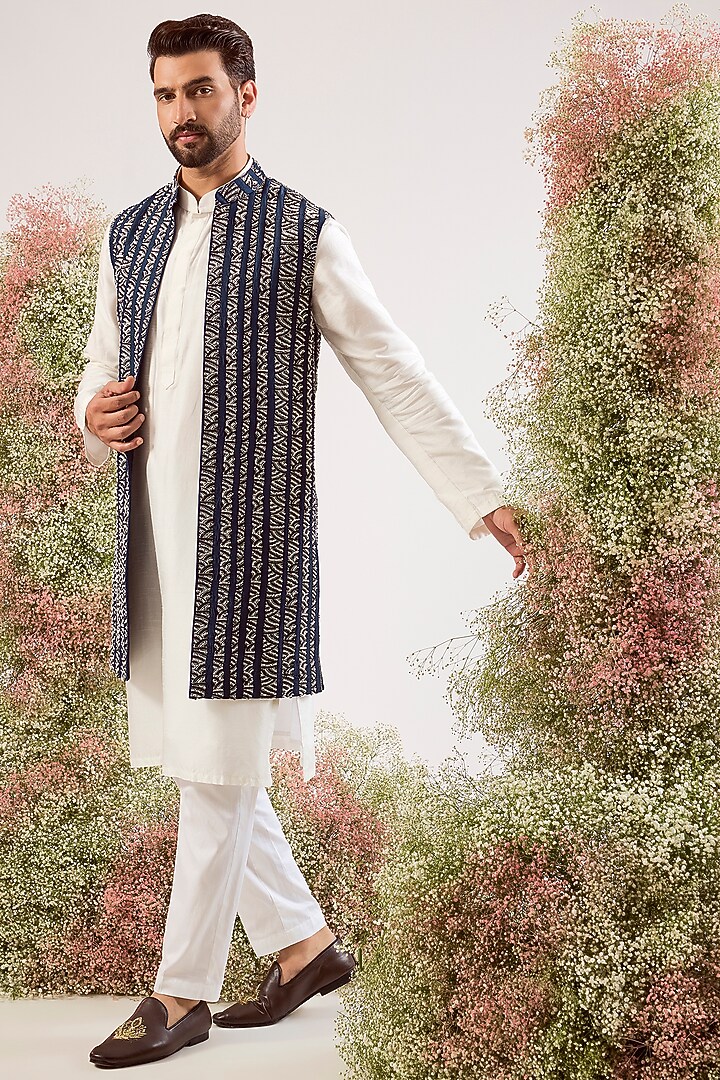 Navy Blue Silk Cutdana Work Long Jacket by Kasbah Clothing at Pernia's Pop Up Shop