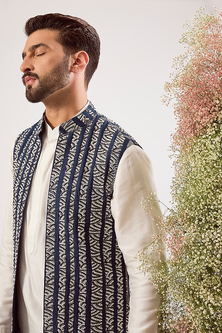 Navy Blue Silk Cutdana Work Long Jacket by Kasbah Clothing at Pernia's Pop Up Shop