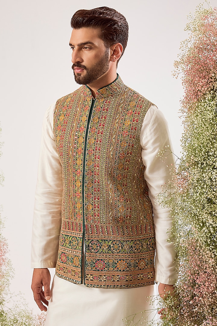Multi-Colored Silk Zari & Sequin Work Nehru Jacket by Kasbah Clothing at Pernia's Pop Up Shop