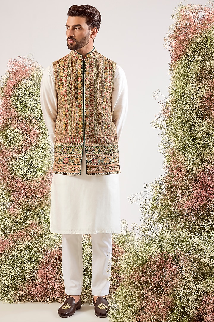 Multi-Colored Silk Zari & Sequin Work Nehru Jacket by Kasbah Clothing at Pernia's Pop Up Shop