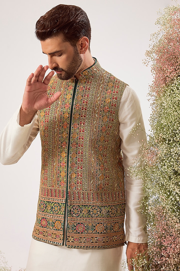 Multi-Colored Silk Zari & Sequin Work Nehru Jacket by Kasbah Clothing at Pernia's Pop Up Shop