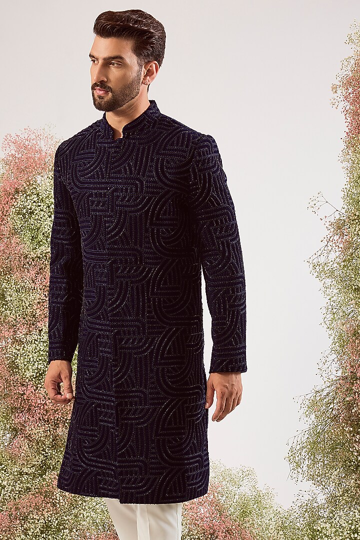 Navy Blue Velvet Chikankari Embroidered Wedding Sherwani by Kasbah Clothing at Pernia's Pop Up Shop
