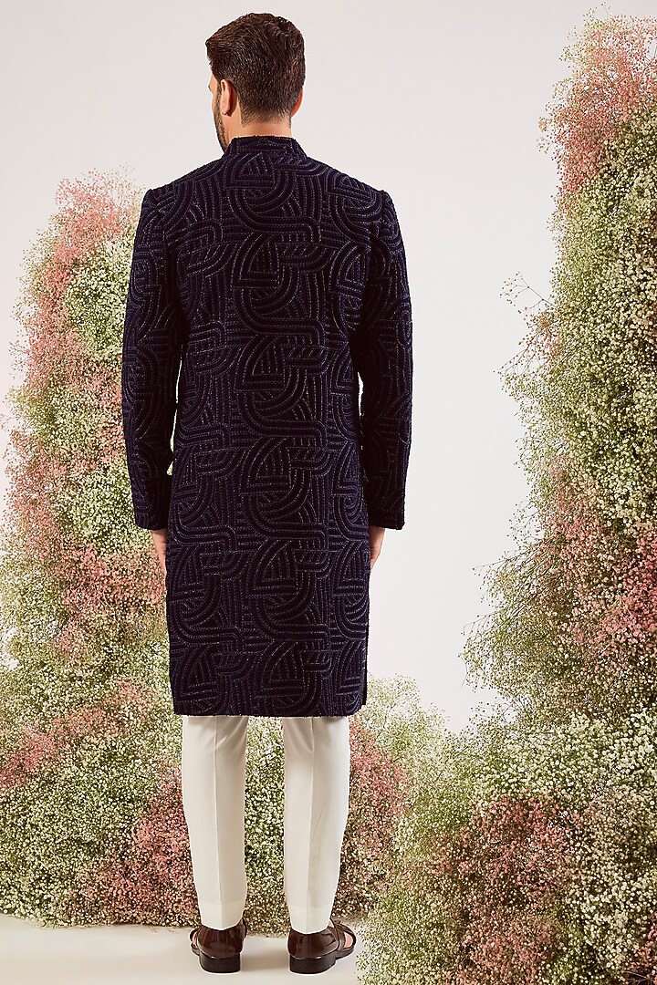 Navy Blue Velvet Chikankari Embroidered Wedding Sherwani by Kasbah Clothing at Pernia's Pop Up Shop