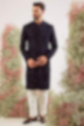 Navy Blue Velvet Chikankari Embroidered Wedding Sherwani by Kasbah Clothing at Pernia's Pop Up Shop