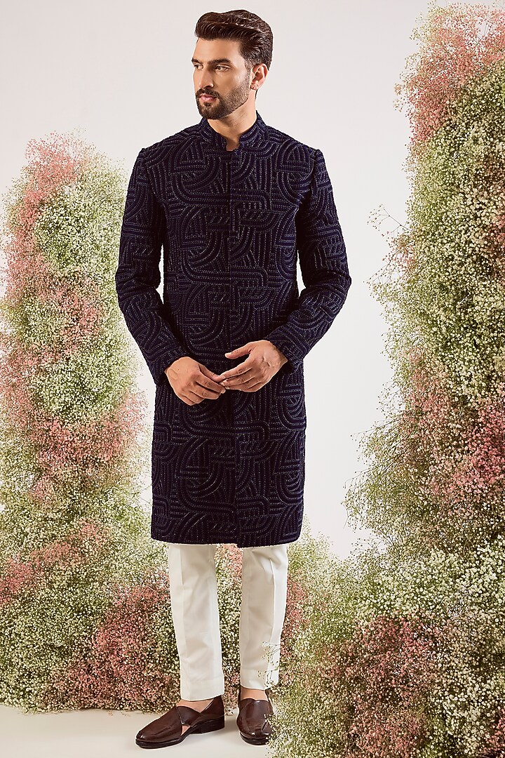 Navy Blue Velvet Chikankari Embroidered Wedding Sherwani by Kasbah Clothing at Pernia's Pop Up Shop