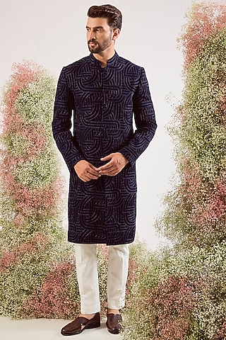 Navy Blue Velvet Chikankari Embroidered Sherwani by Kasbah Clothing